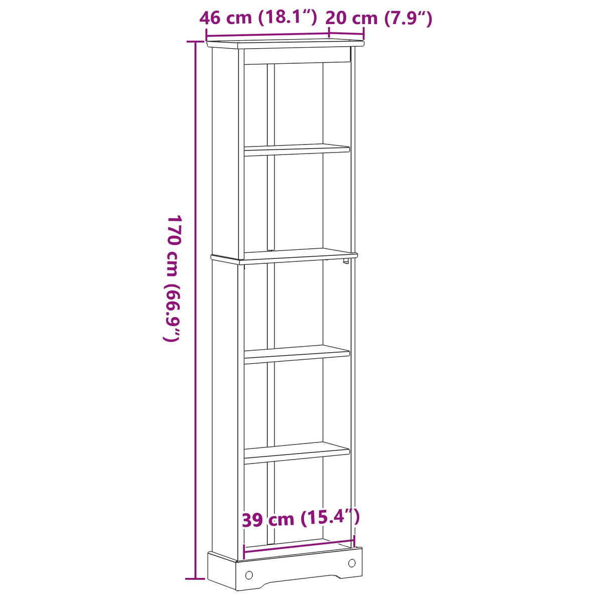 Bogreol 46 x 20 x 170 cm Massiv fyrretræ Hvid