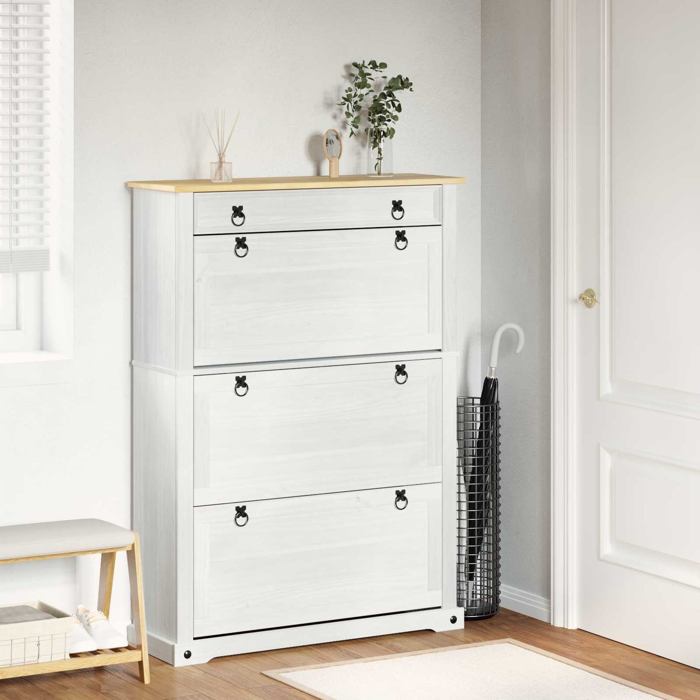 Sko skab med hylde Corona Hvid 99 x 32 x 138 cm Massiv fyrretræ