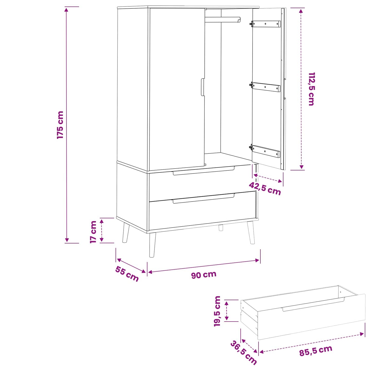 Garderobeskab MOLDE Karamel 90 x 55 x 175 cm Massivt fyrretræ