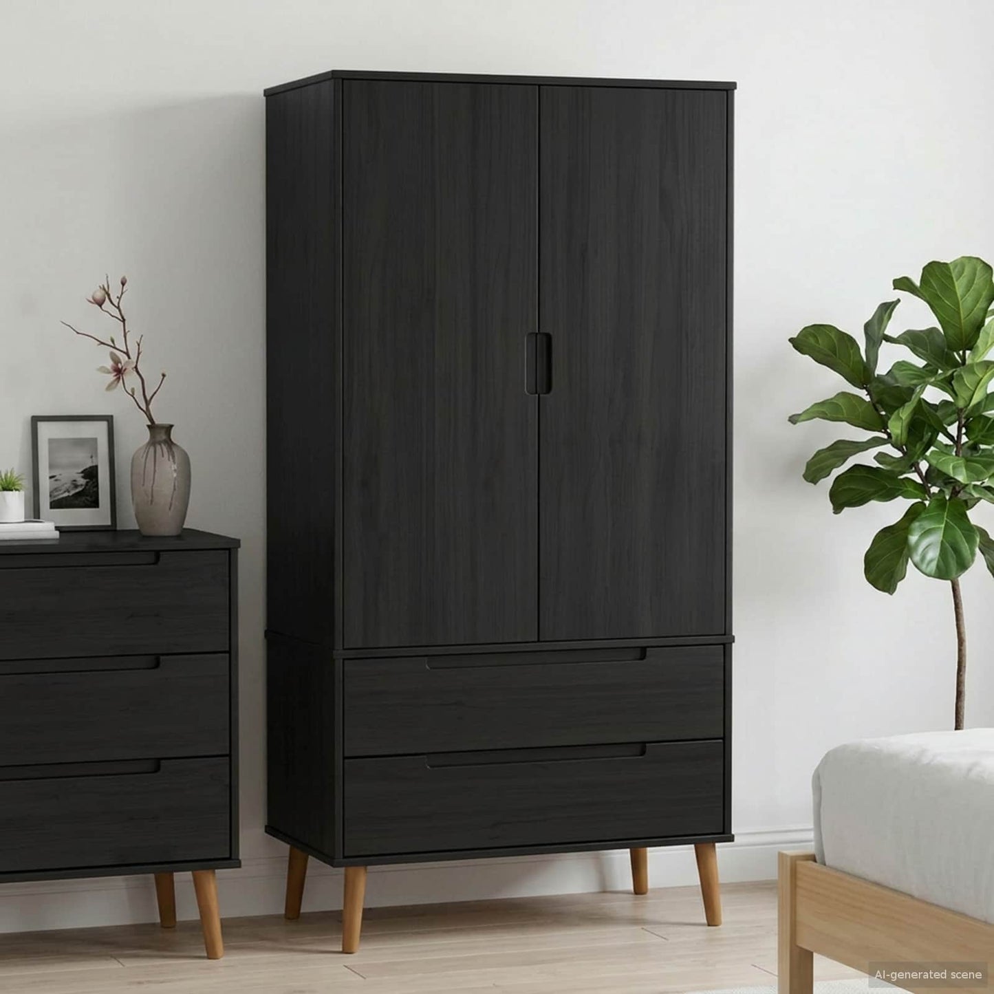 Garderobeskab MOLDE Sort 90 x 55 x 175 cm Massivt fyrretræ