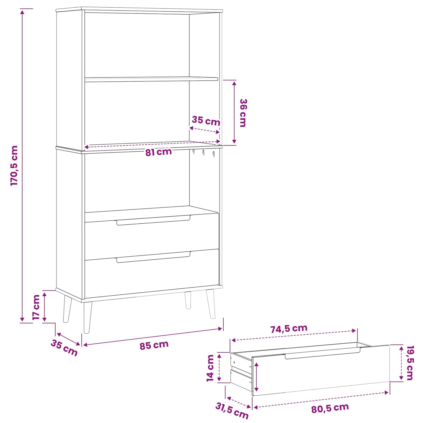 Bogreol MOLDE 85 x 35 x 170,5 cm Massivt fyrretræ Karamel