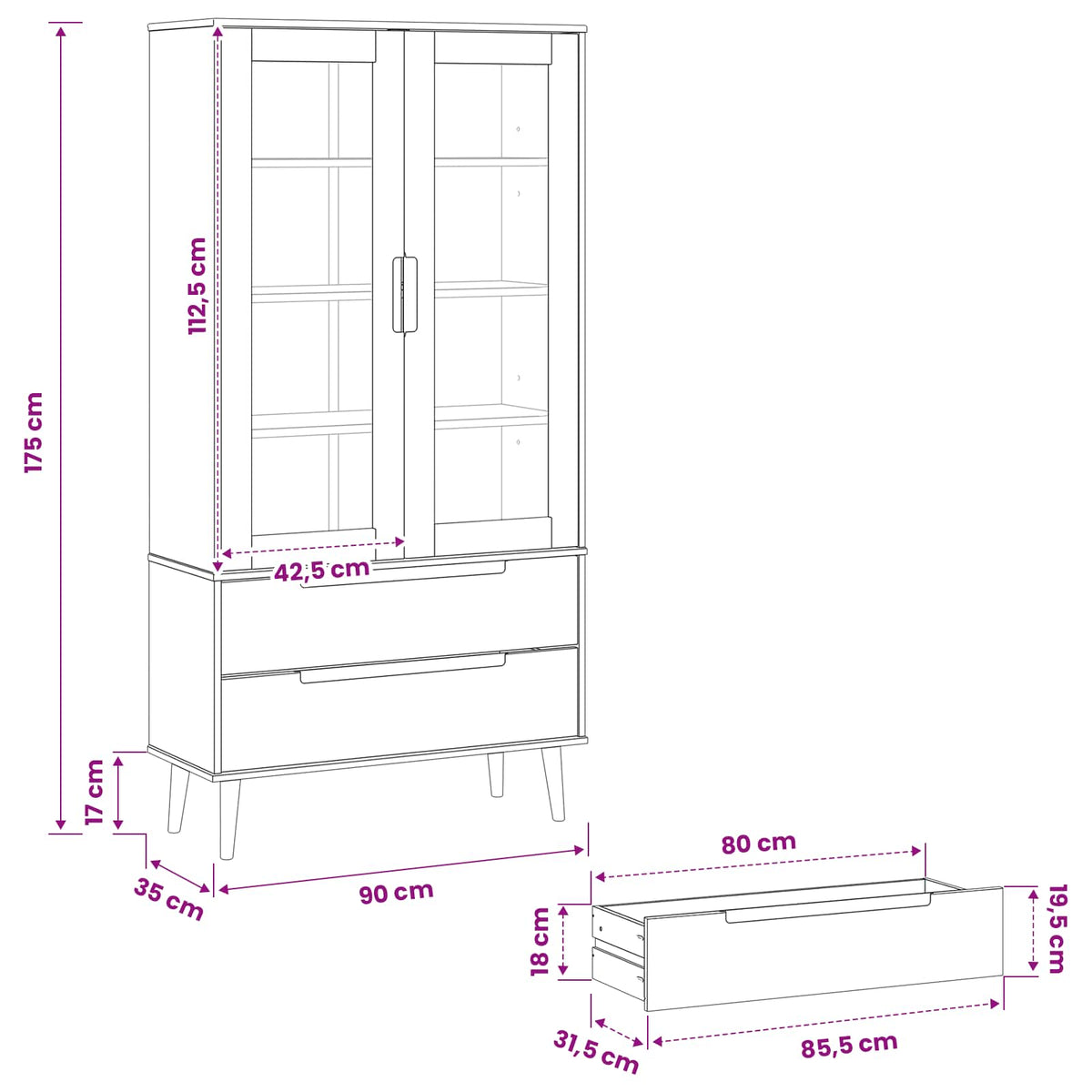 Glas Vitrine Skab MOLDE 90 x 35 x 175 cm Massivt fyrretræ Sort