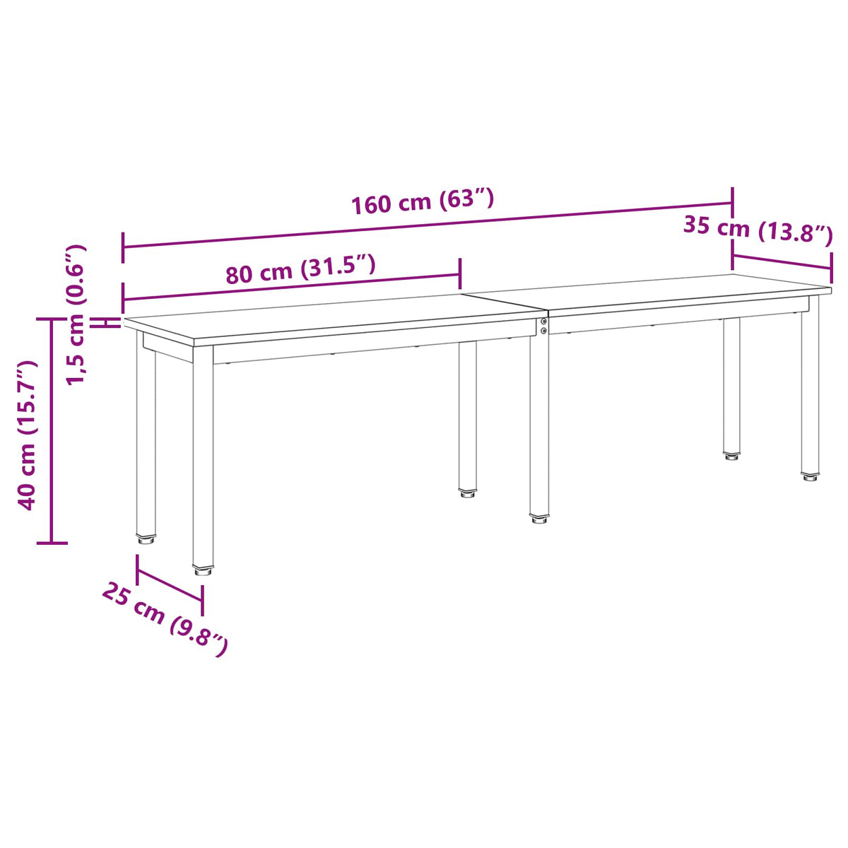 bænk Sort eg 160 x 35 x 45 cm Konstrueret træ