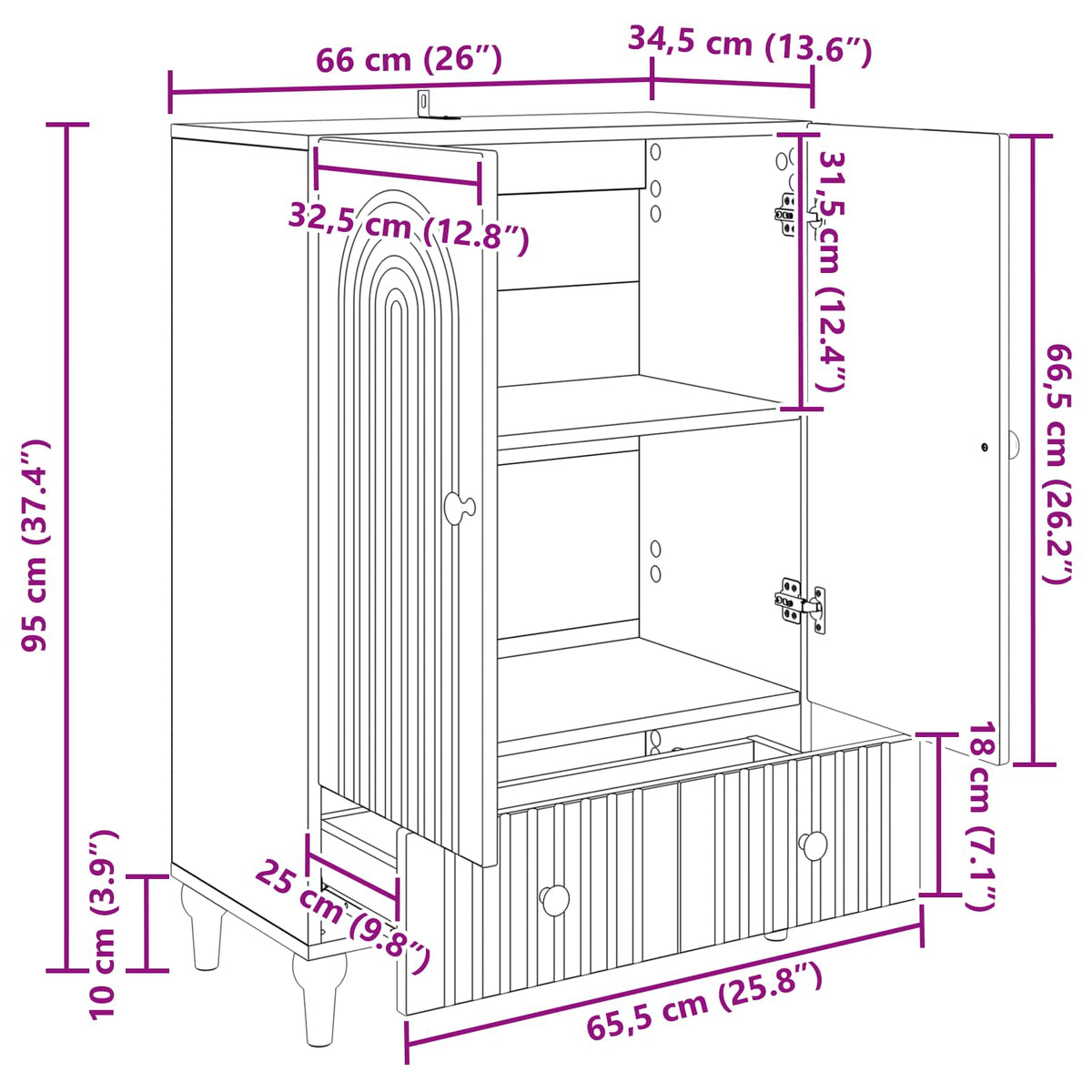 Sideboard Sort 66 x 34,5 x 95 cm Konstrueret træ