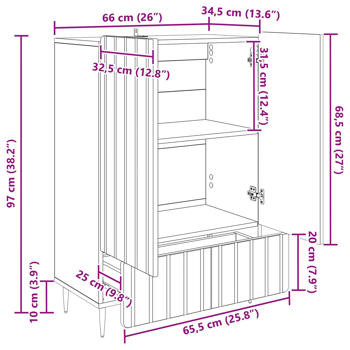 Sideboard Hvid 66 x 34,5 x 97 cm Konstrueret træ