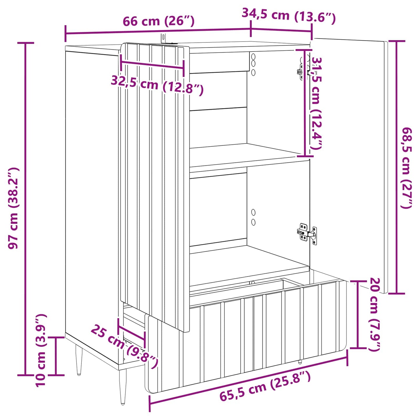 Sideboard Sort 66 x 34,5 x 97 cm Konstrueret træ