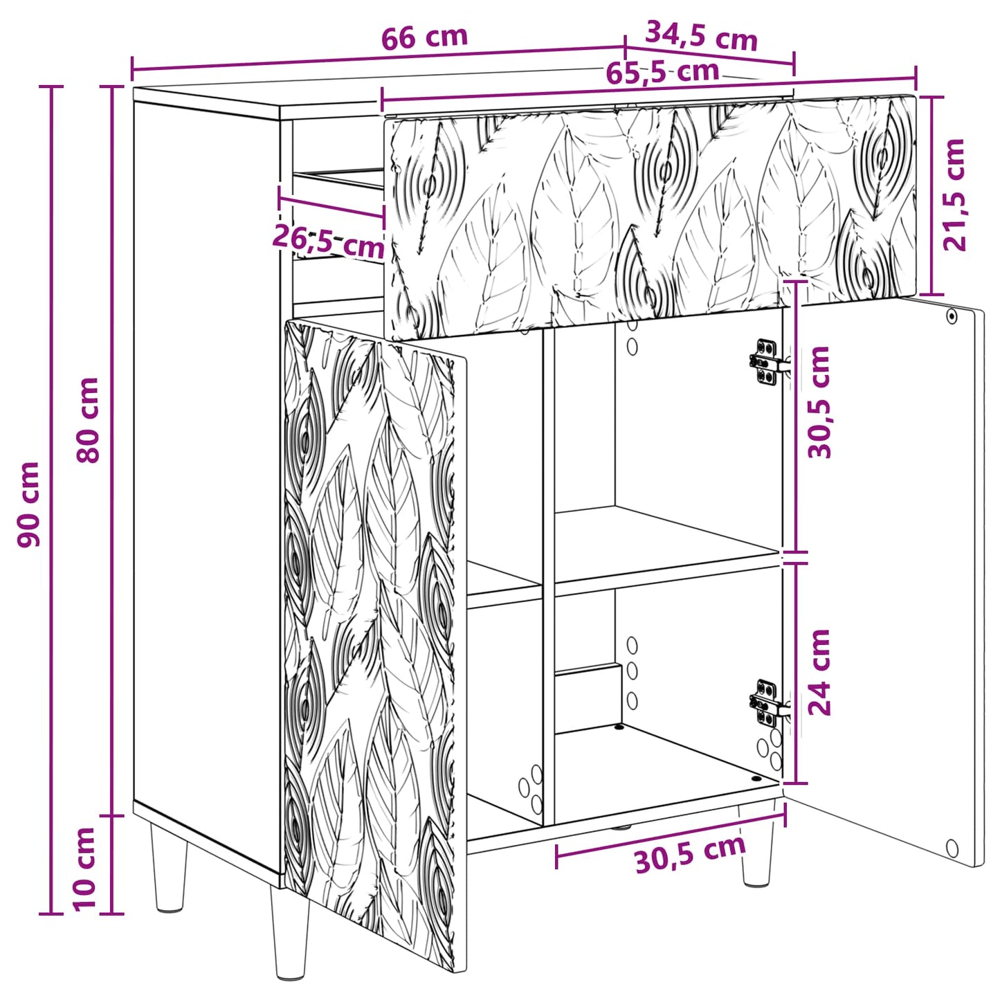 Sideboard Sort 66 x 34,5 x 90 cm Konstrueret træ