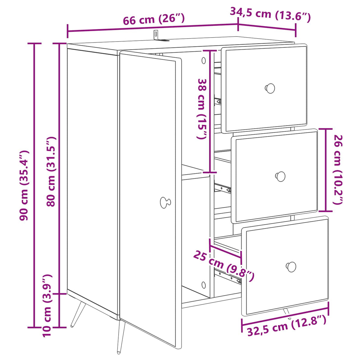 Sideboard Sort 66 x 34,5 x 90 cm Konstrueret træ
