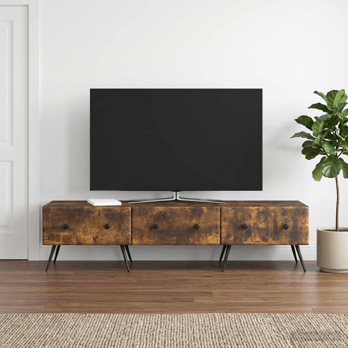 TV-skab med skuffe Røget eg 147 x 34,5 x 30 cm Konstrueret træ