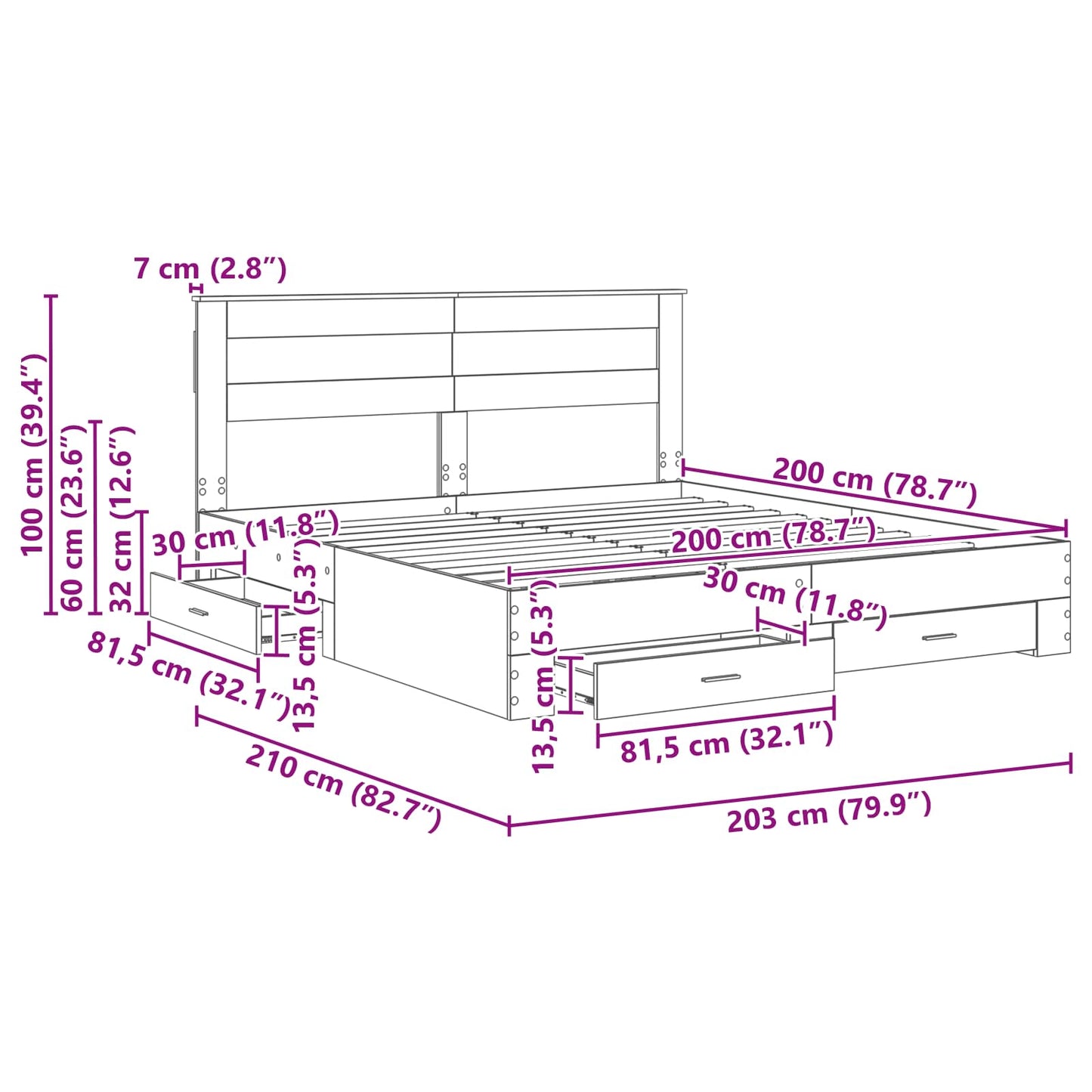 Sengestel med skuffe Beton Grå 200 x 200 cm Konstrueret træ