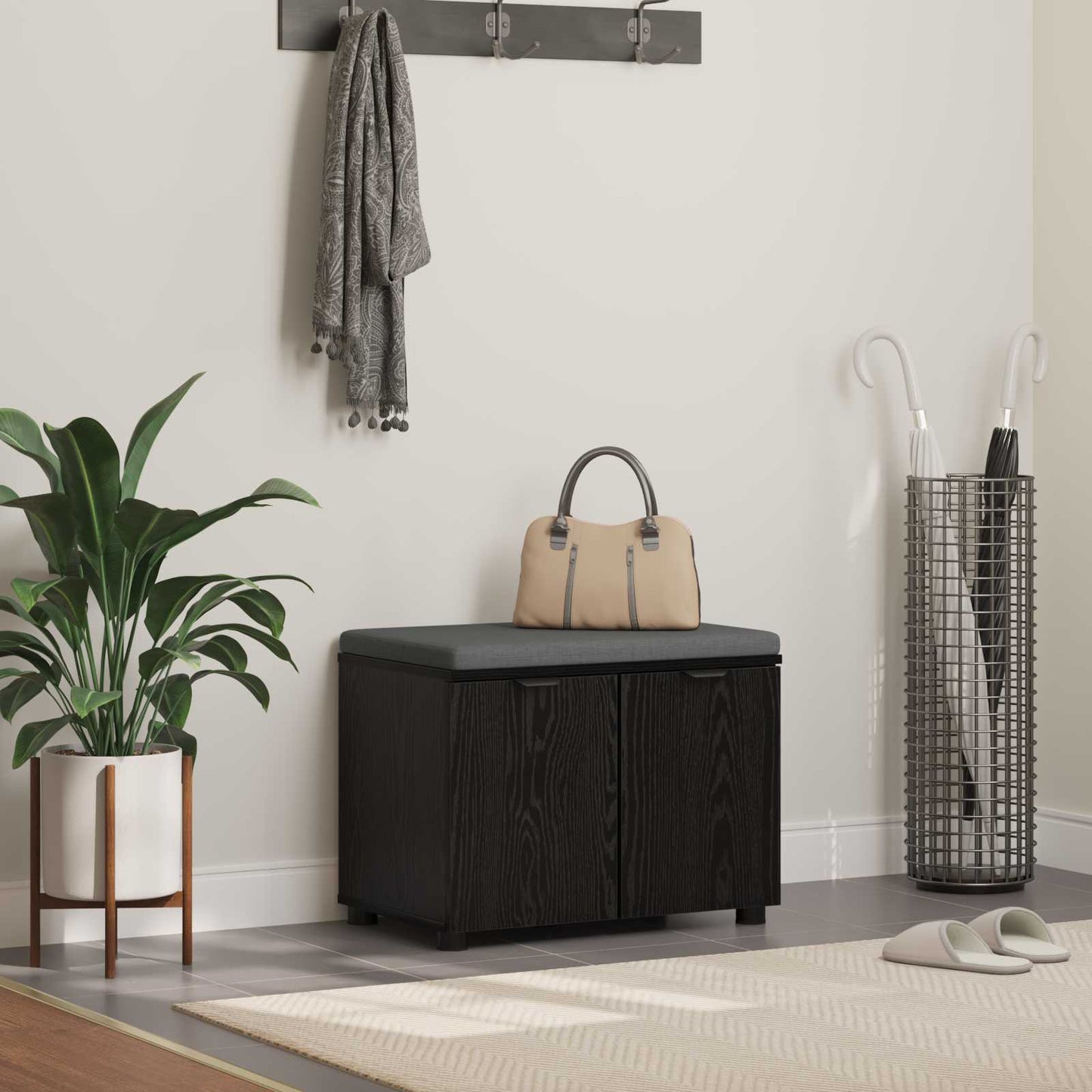 Hallbænk med pude Sort Eg 60 x 38 x 46 cm Kunstigt træ og stof
