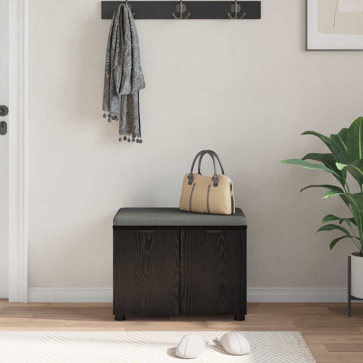 Hallbænk med pude Sort Eg 60 x 38 x 46 cm Kunstigt træ og stof
