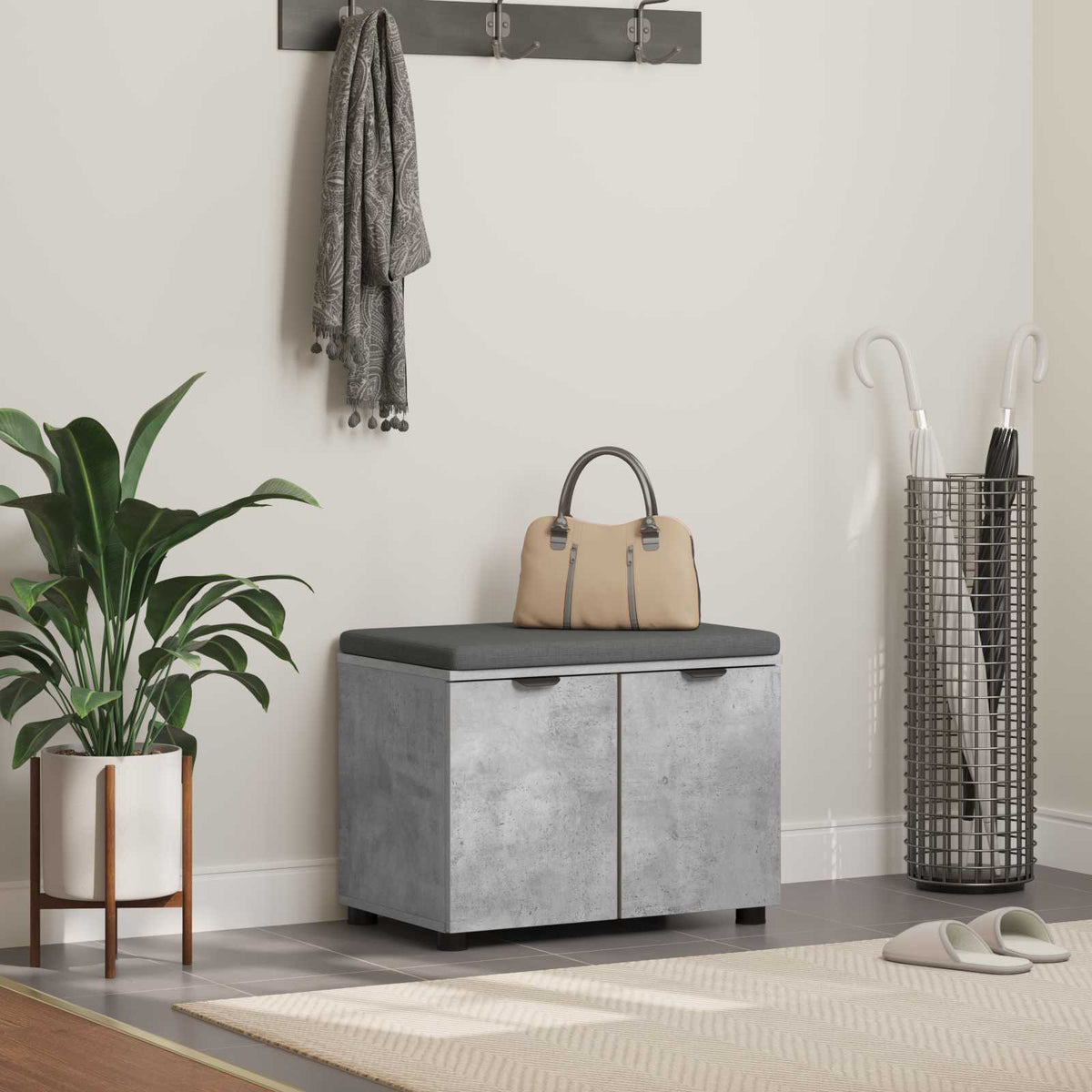 Hallbænk med pude BetonGrå 60 x 38 x 46 cm Kunstigt træ og stof
