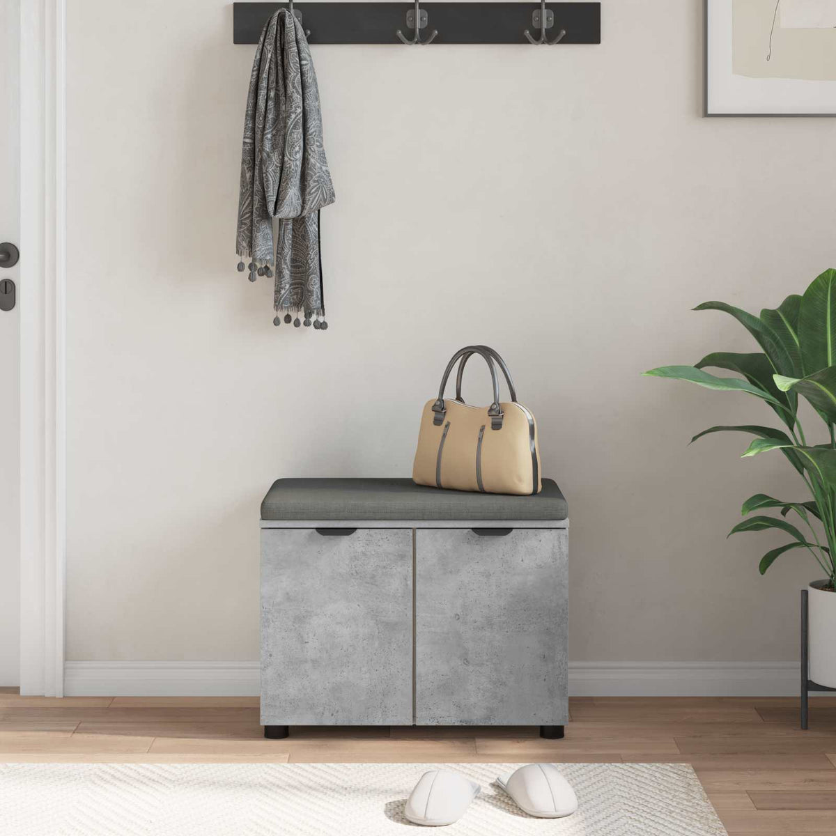 Hallbænk med pude BetonGrå 60 x 38 x 46 cm Kunstigt træ og stof
