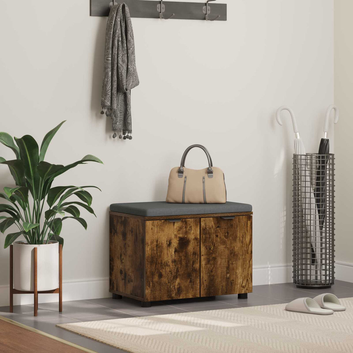 Hallbænk med pude Røget Eg 60 x 38 x 46 cm Kunstigt træ og stof