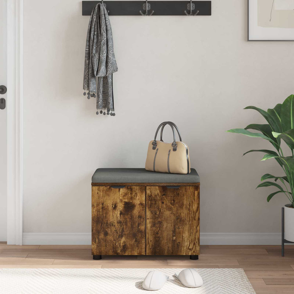 Hallbænk med pude Røget Eg 60 x 38 x 46 cm Kunstigt træ og stof