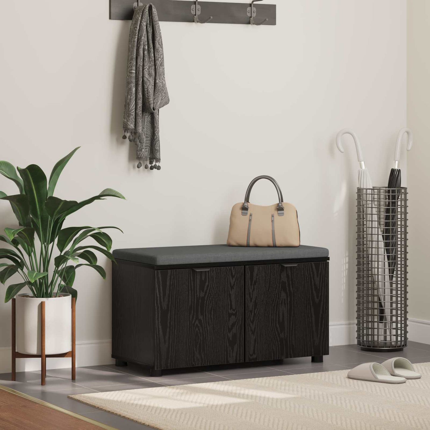Hallbænk med pude Sort Eg 80 x 38 x 46 cm Kunstigt træ og stof
