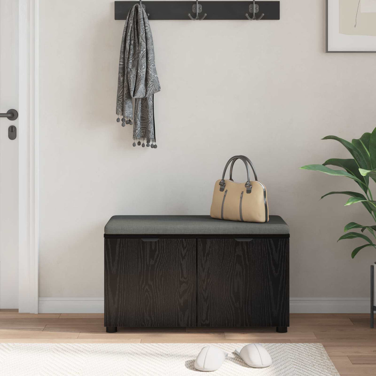 Hallbænk med pude Sort Eg 80 x 38 x 46 cm Kunstigt træ og stof