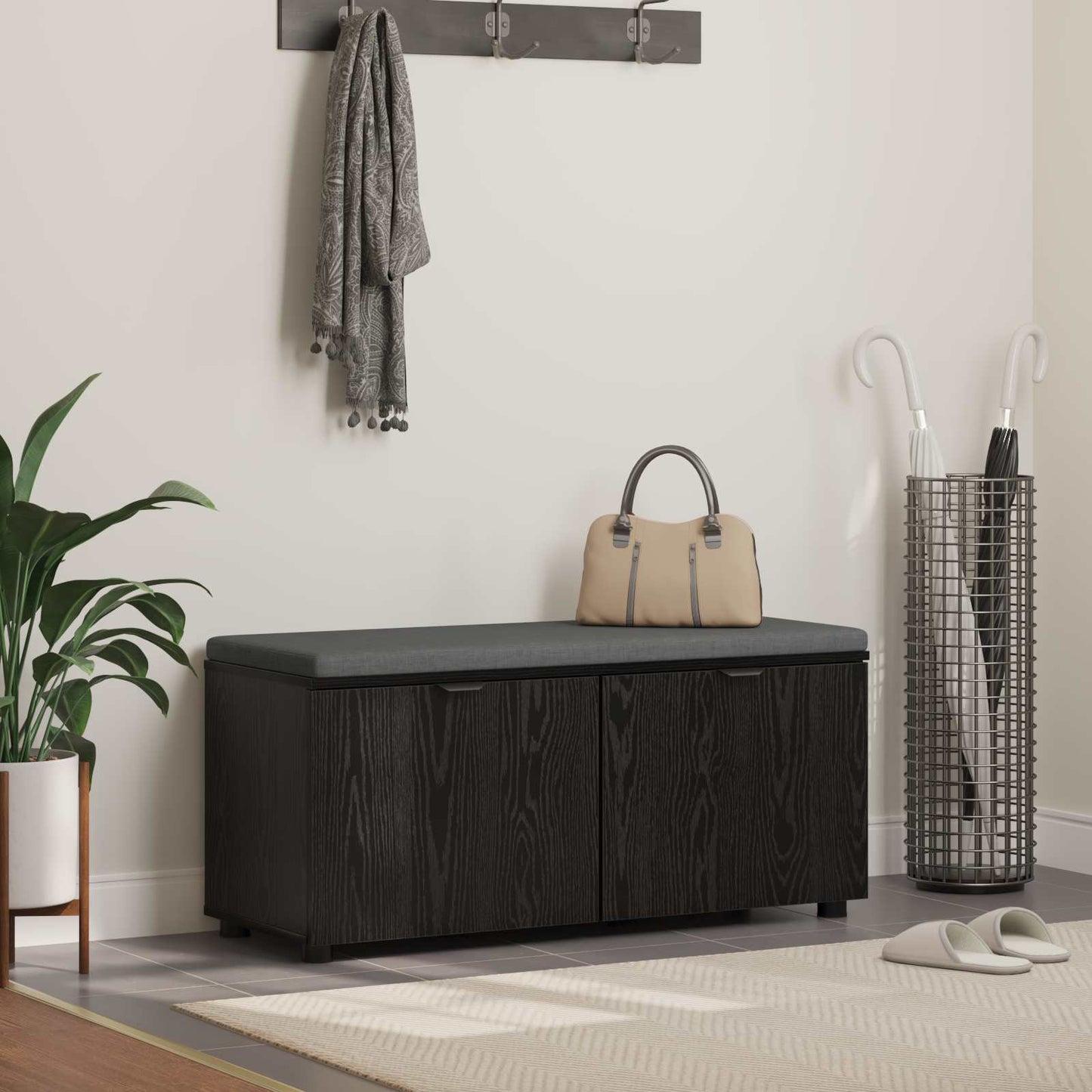 Hallbænk med pude Sort Eg 100 x 38 x 46 cm Kunstigt træ og stof