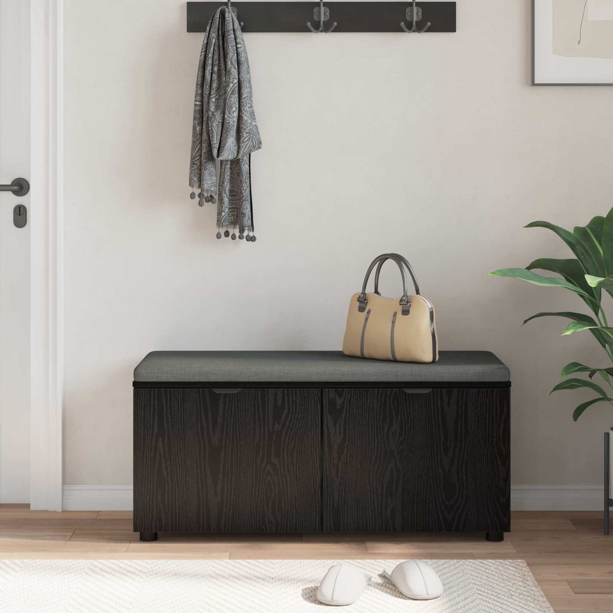 Hallbænk med pude Sort Eg 100 x 38 x 46 cm Kunstigt træ og stof