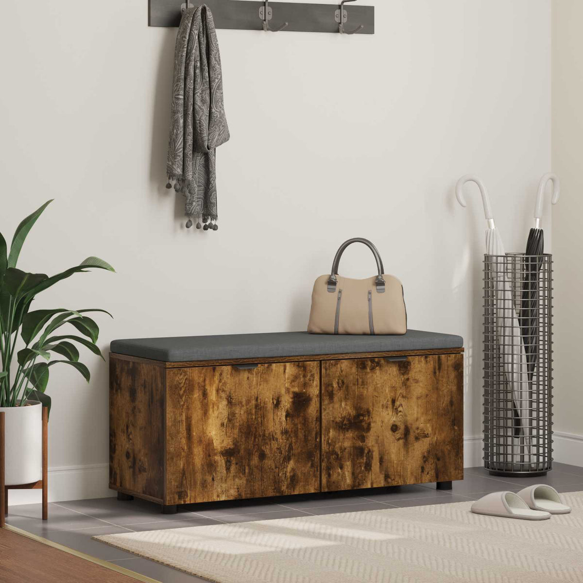 Hallbænk med dør Røget Eg 100 x 38 x 46 cm Kunstigt træ og stof