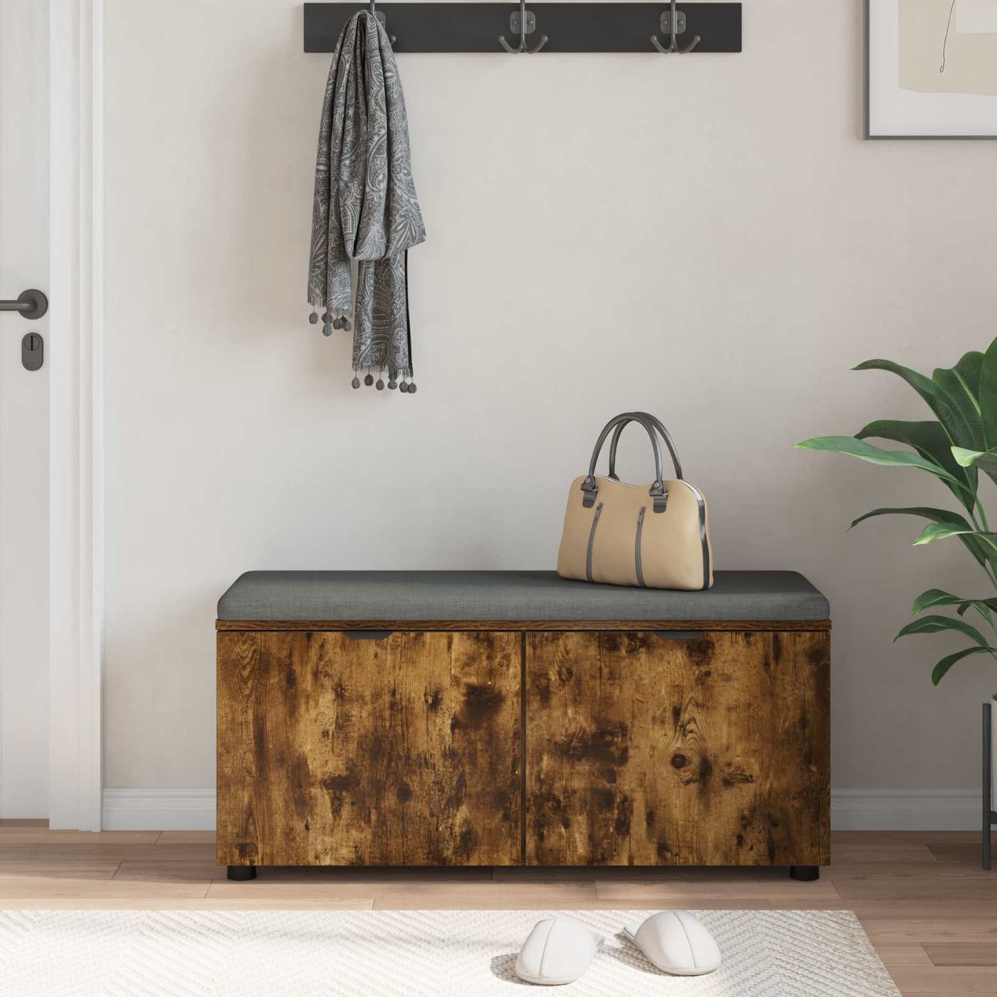 Hallbænk med dør Røget Eg 100 x 38 x 46 cm Kunstigt træ og stof