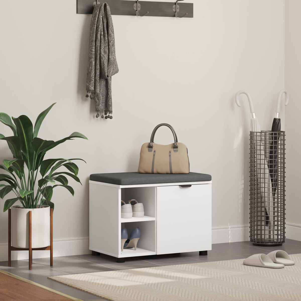 Hallbænk med pude Hvid 60 x 38 x 46 cm Kunstigt træ og stof
