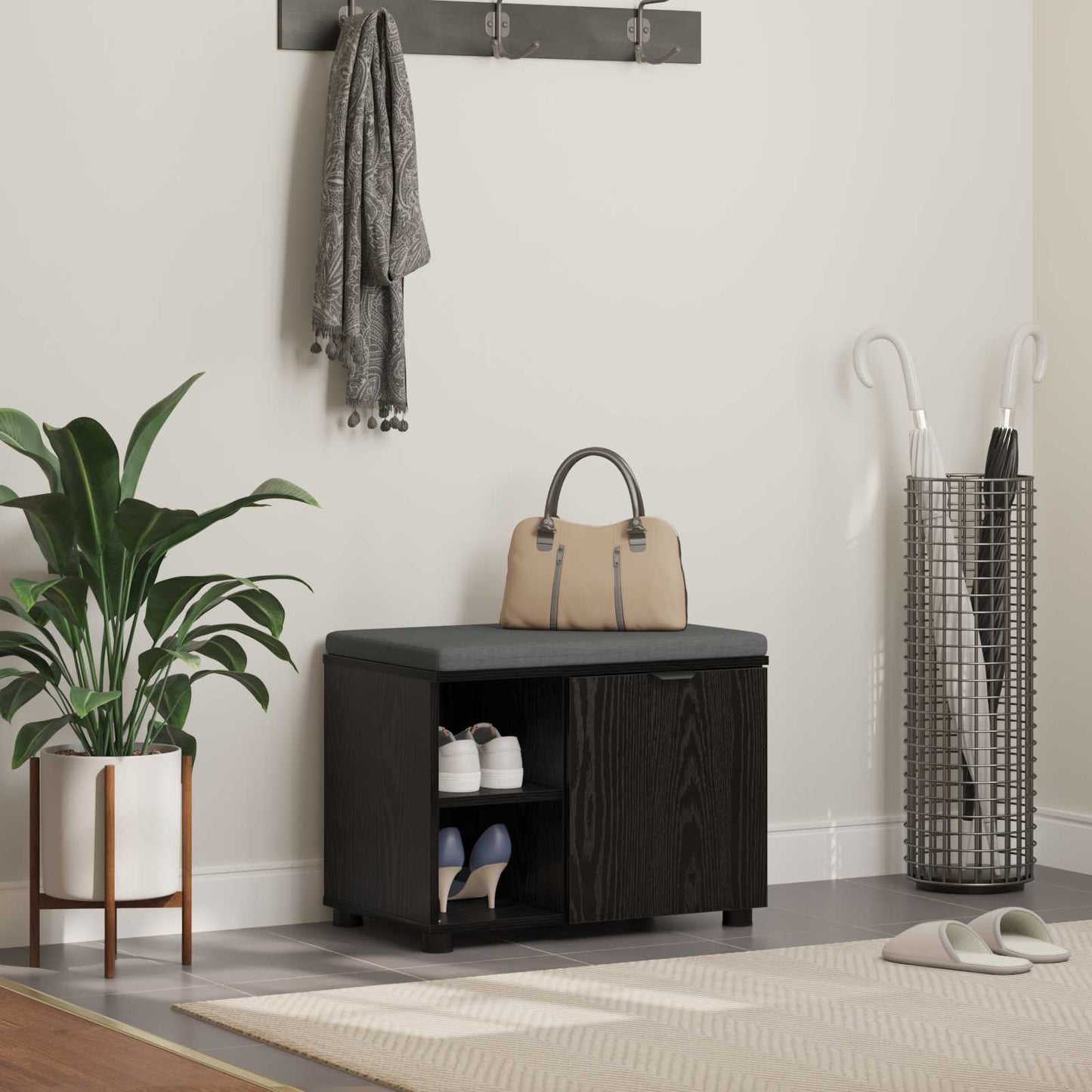 Hallbænk med pude Sort Eg 60 x 38 x 46 cm Kunstigt træ og stof