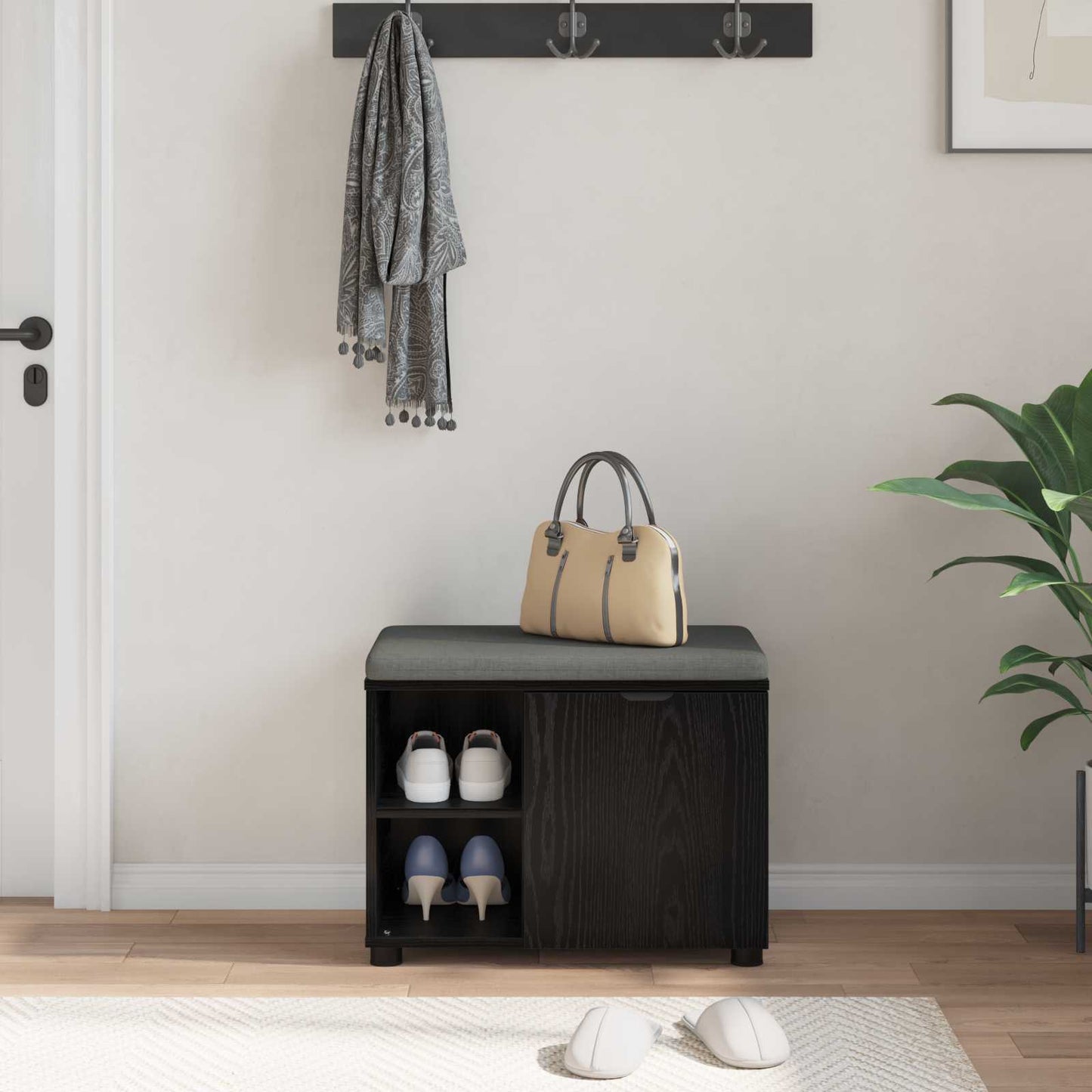Hallbænk med pude Sort Eg 60 x 38 x 46 cm Kunstigt træ og stof