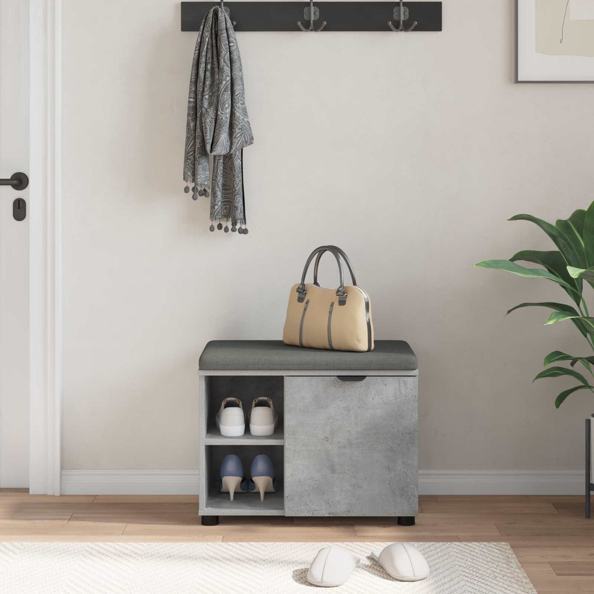Hallbænk med pude BetonGrå 60 x 38 x 46 cm Kunstigt træ og stof