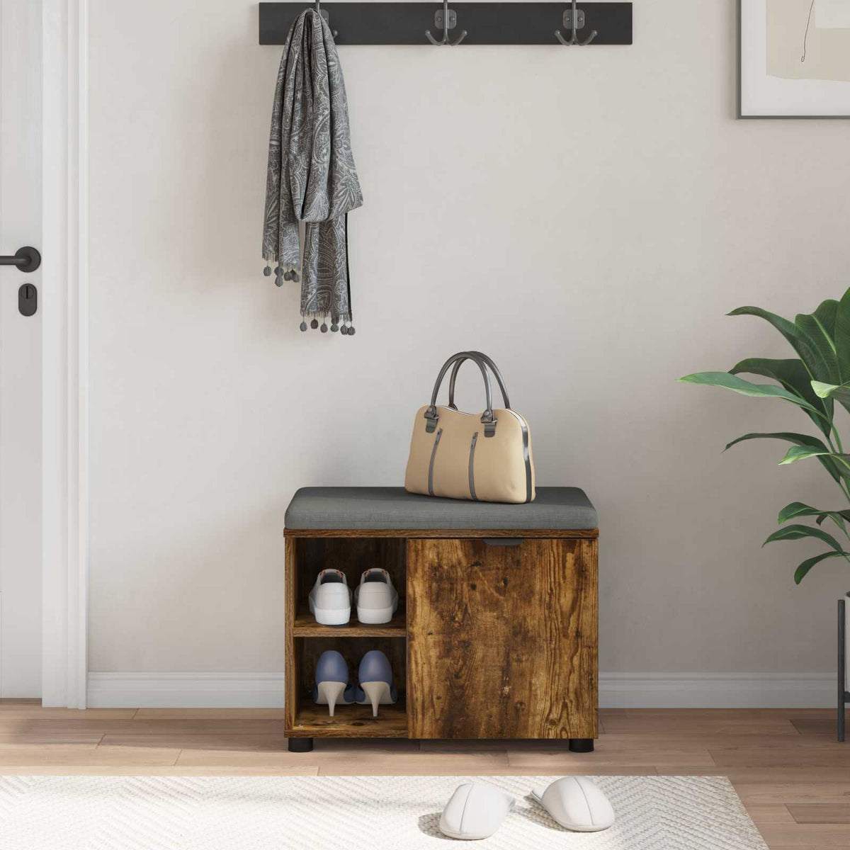 Hallbænk med pude Røget Eg 60 x 38 x 46 cm Kunstigt træ og stof