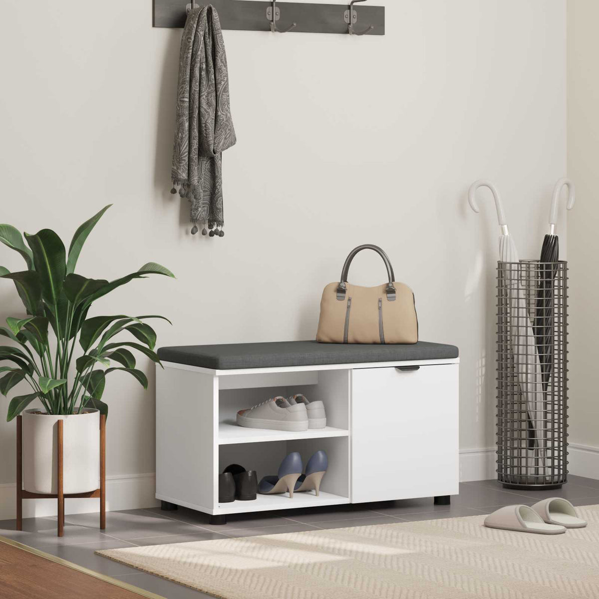 Hallbænk med pude Hvid 80 x 38 x 46 cm Kunstigt træ og stof