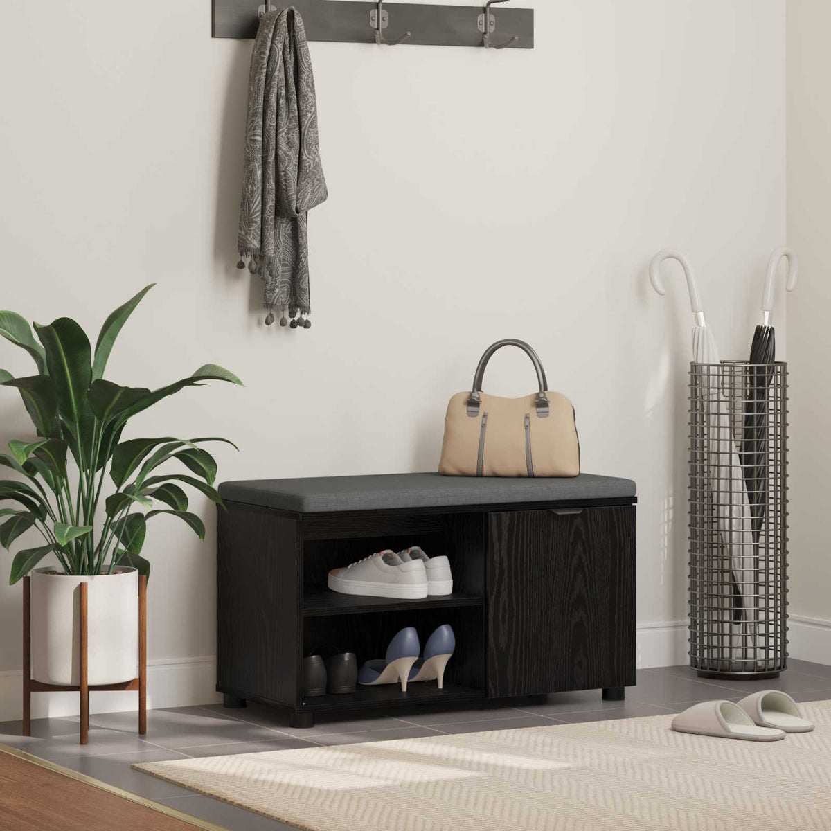 Hallbænk med pude Sort Eg 80 x 38 x 46 cm Kunstigt træ og stof