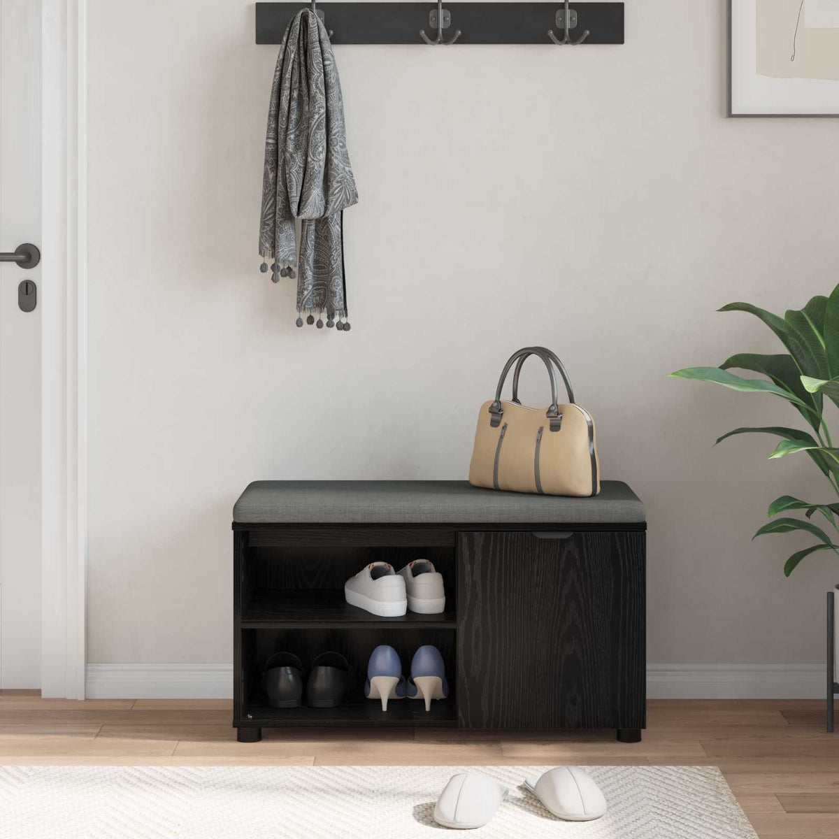 Hallbænk med pude Sort Eg 80 x 38 x 46 cm Kunstigt træ og stof