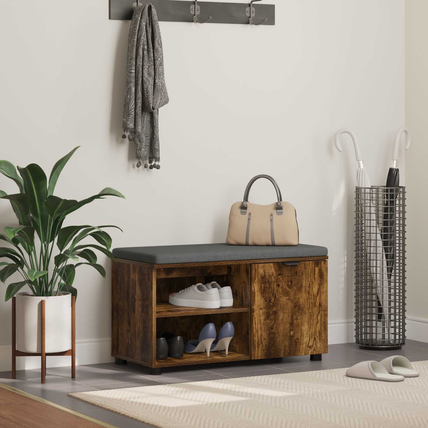 Hallbænk med pude Røget Eg 80 x 38 x 46 cm Kunstigt træ og stof