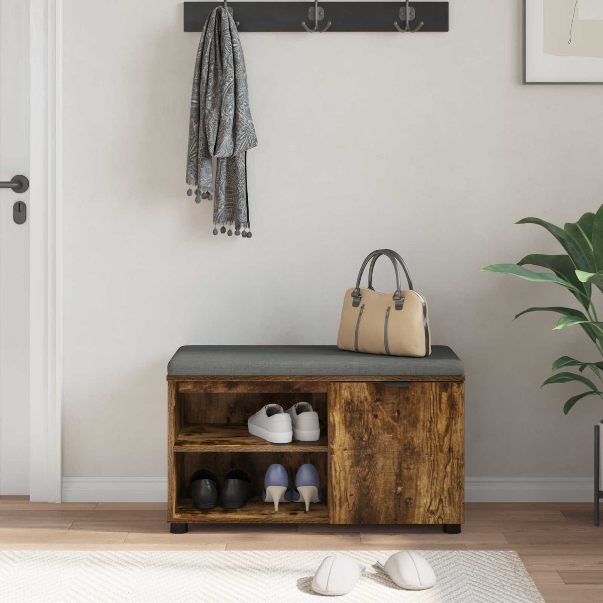 Hallbænk med pude Røget Eg 80 x 38 x 46 cm Kunstigt træ og stof