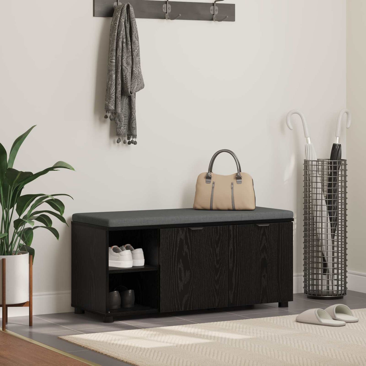 Hallbænk med pude Sort Eg 100 x 38 x 46 cm Kunstigt træ og stof