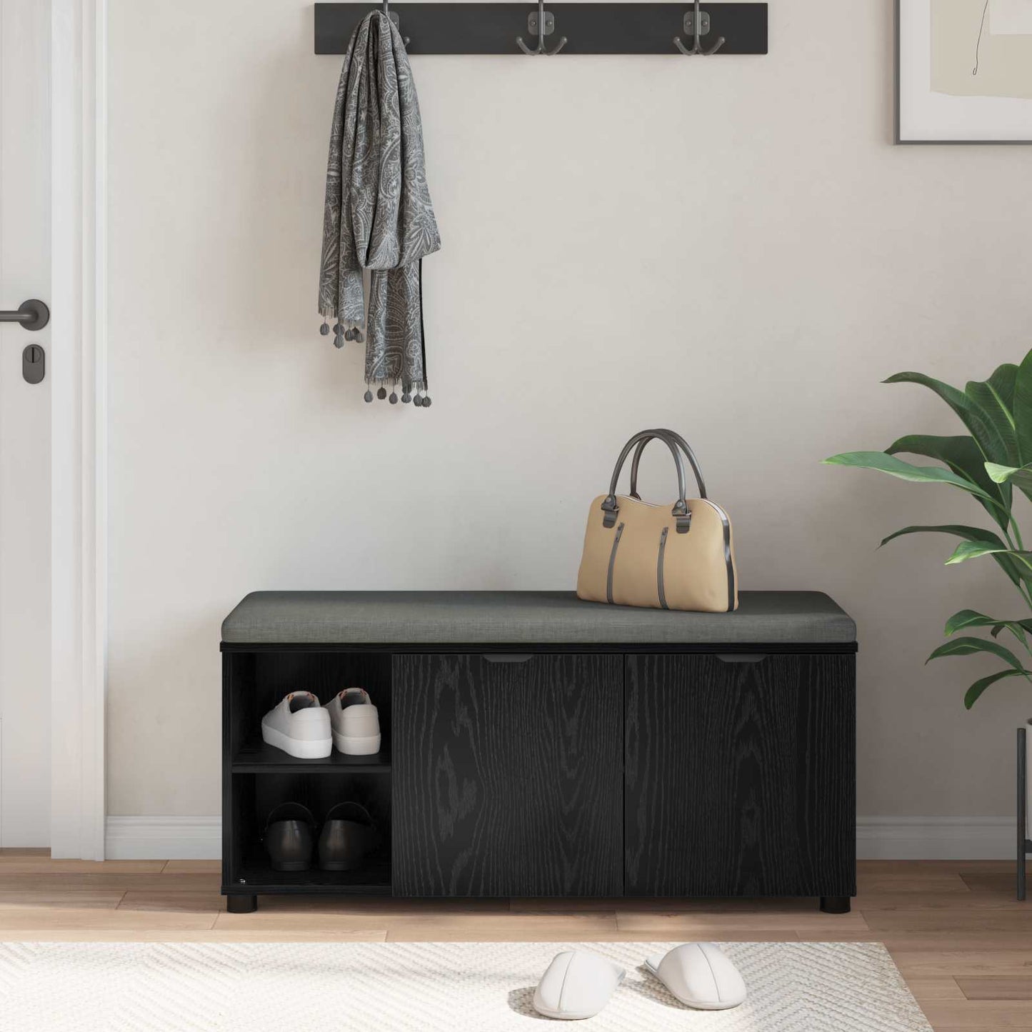 Hallbænk med pude Sort Eg 100 x 38 x 46 cm Kunstigt træ og stof
