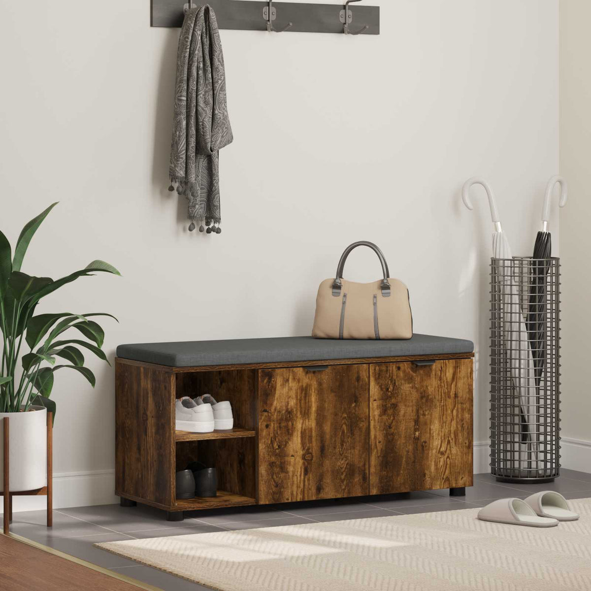 Hallbænk med dør Røget Eg 100 x 38 x 46 cm Kunstigt træ og stof