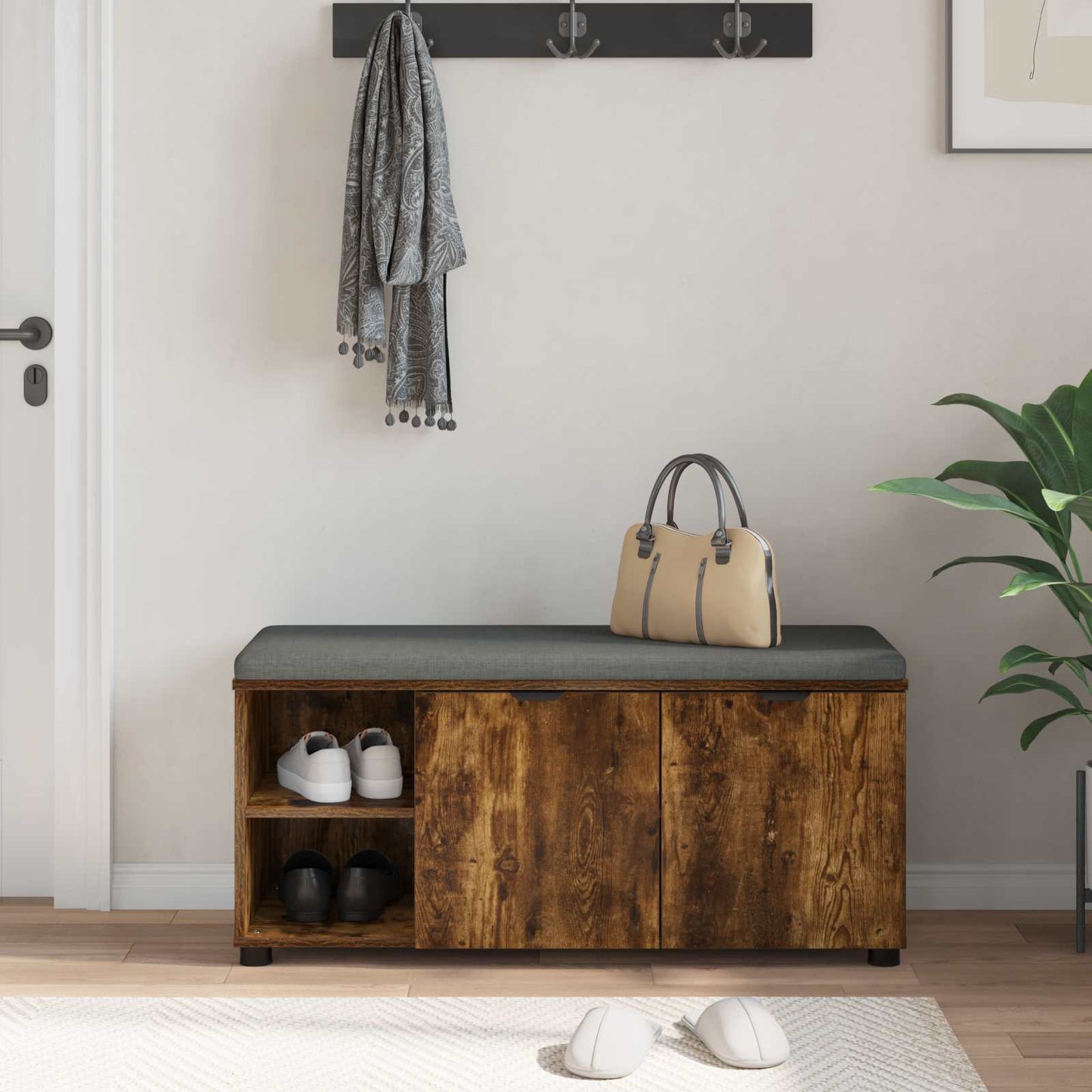 Hallbænk med dør Røget Eg 100 x 38 x 46 cm Kunstigt træ og stof