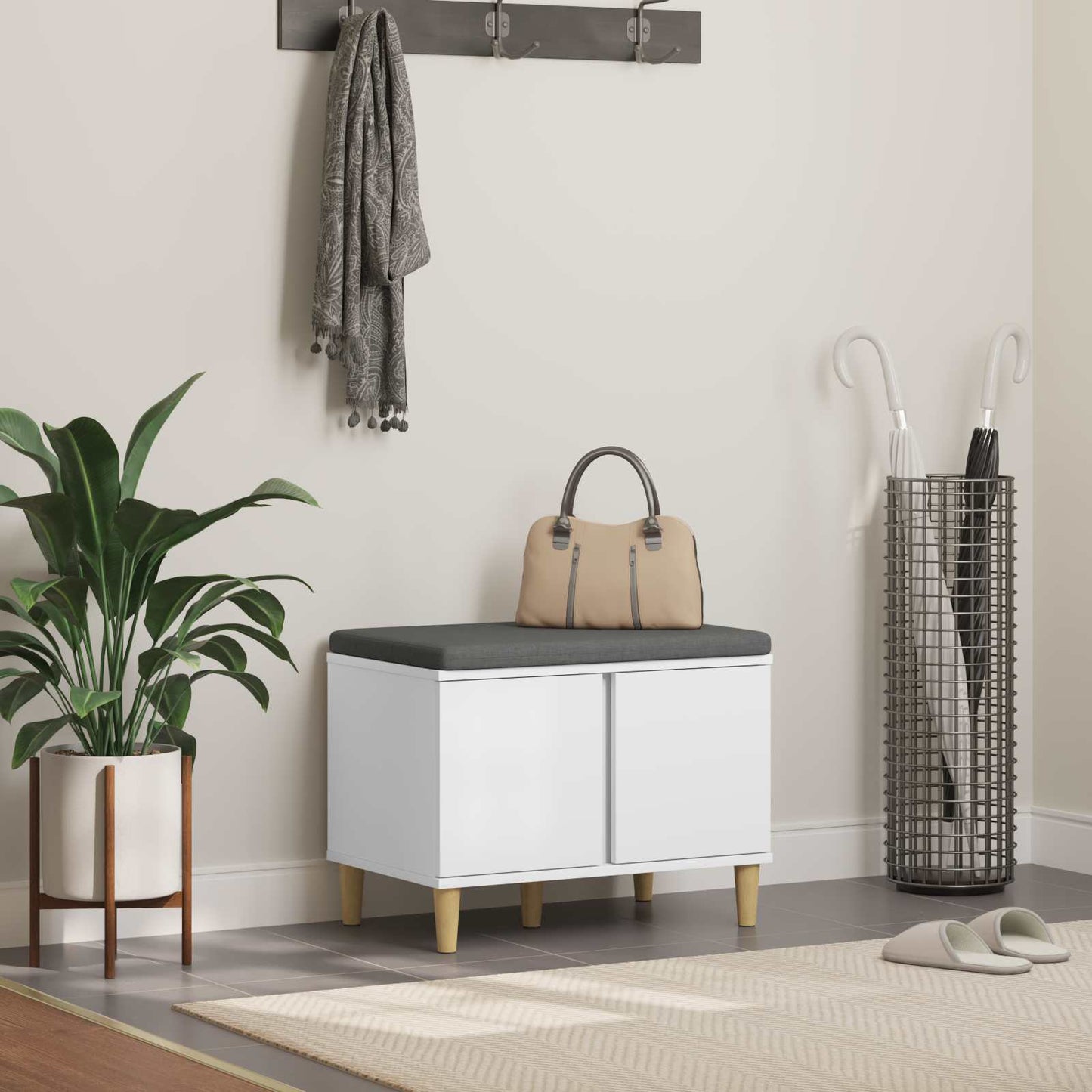 Hallbænk med pude Hvid 60 x 38 x 46 cm Kunstigt træ og stof