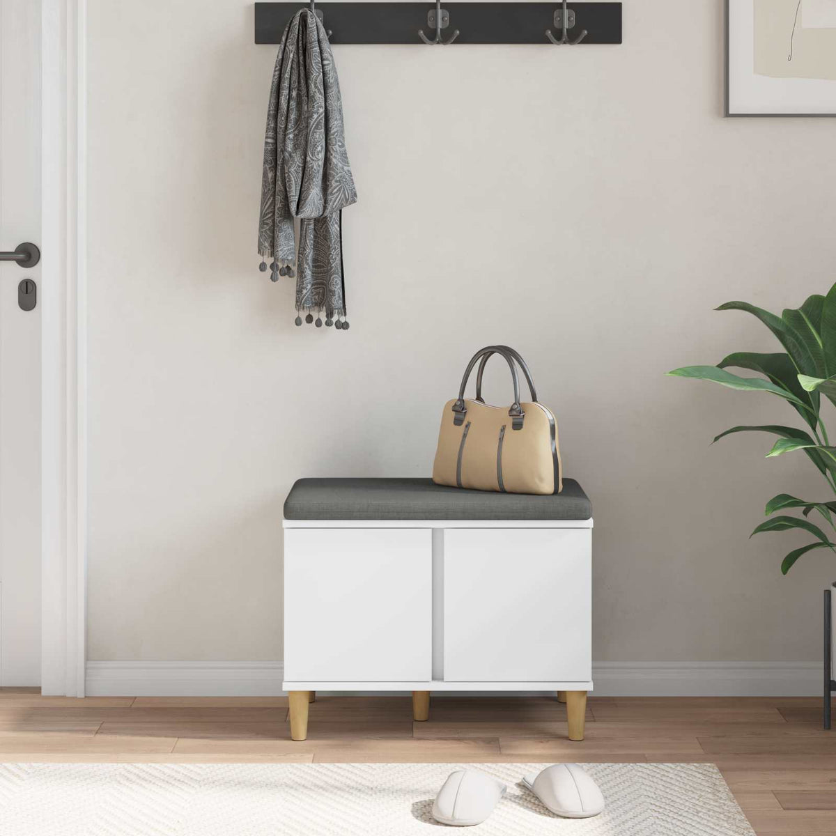Hallbænk med pude Hvid 60 x 38 x 46 cm Kunstigt træ og stof