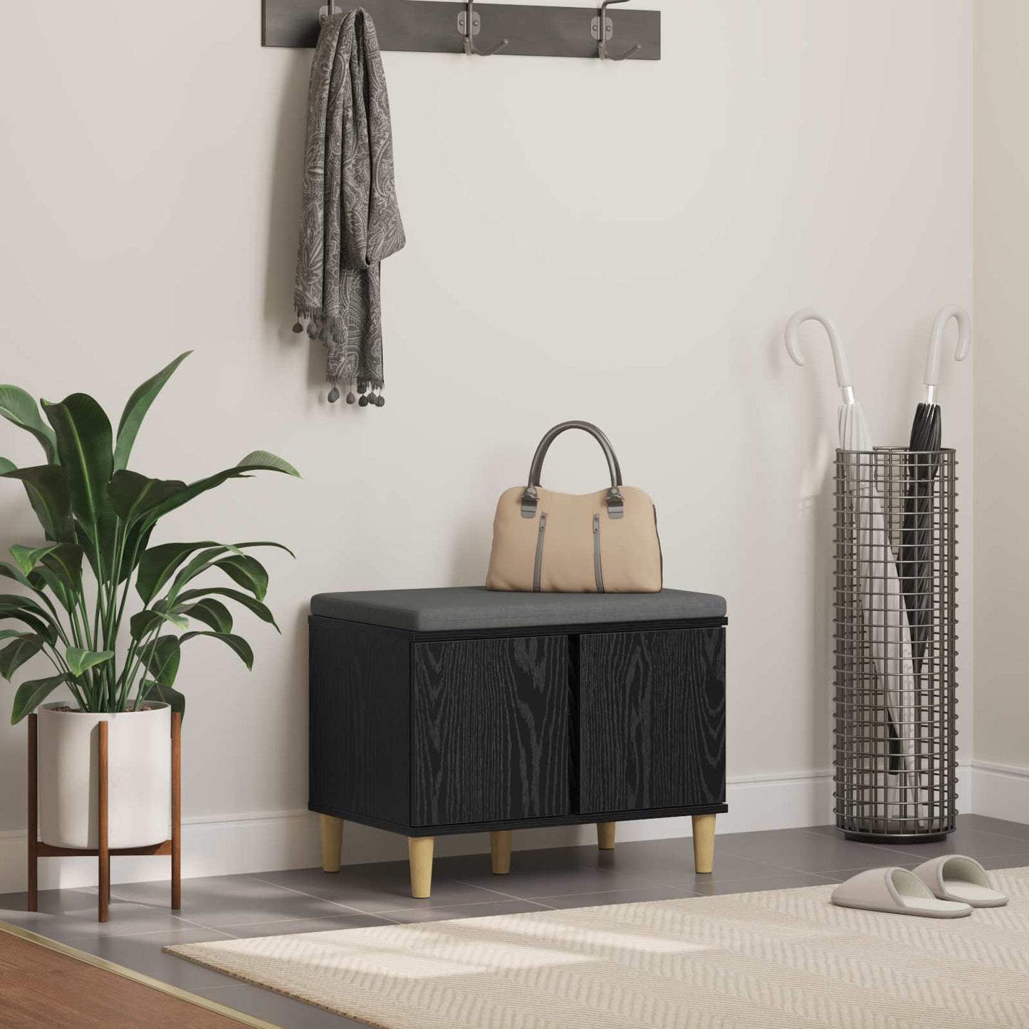 Hallbænk med pude Sort Eg 60 x 38 x 46 cm Kunstigt træ og stof