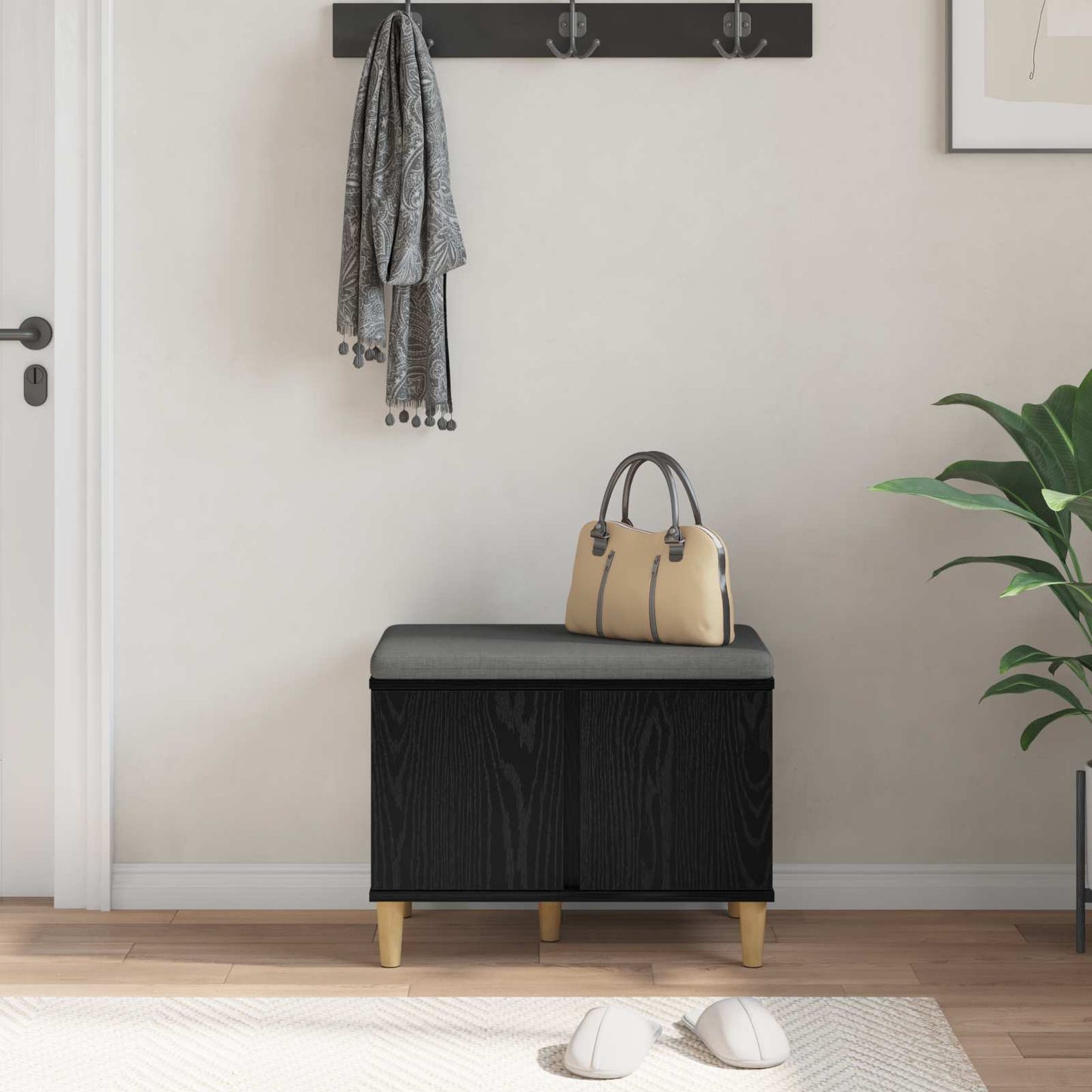 Hallbænk med pude Sort Eg 60 x 38 x 46 cm Kunstigt træ og stof