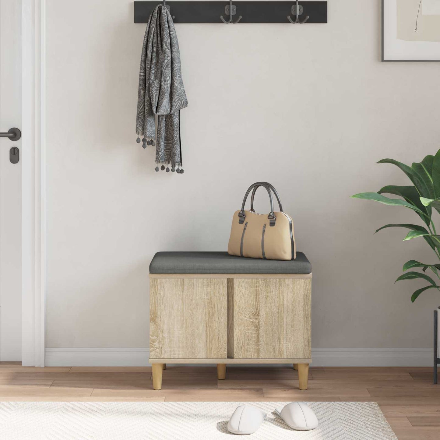 Hallbænk med dør Sonoma eg 60 x 38 x 46 cm Kunstigt træ og stof