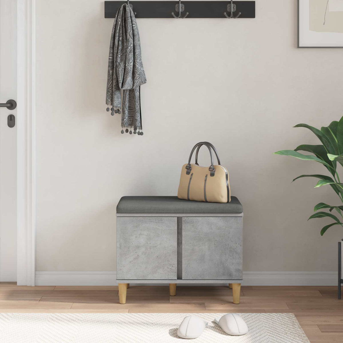 Hallbænk med pude BetonGrå 60 x 38 x 46 cm Kunstigt træ og stof