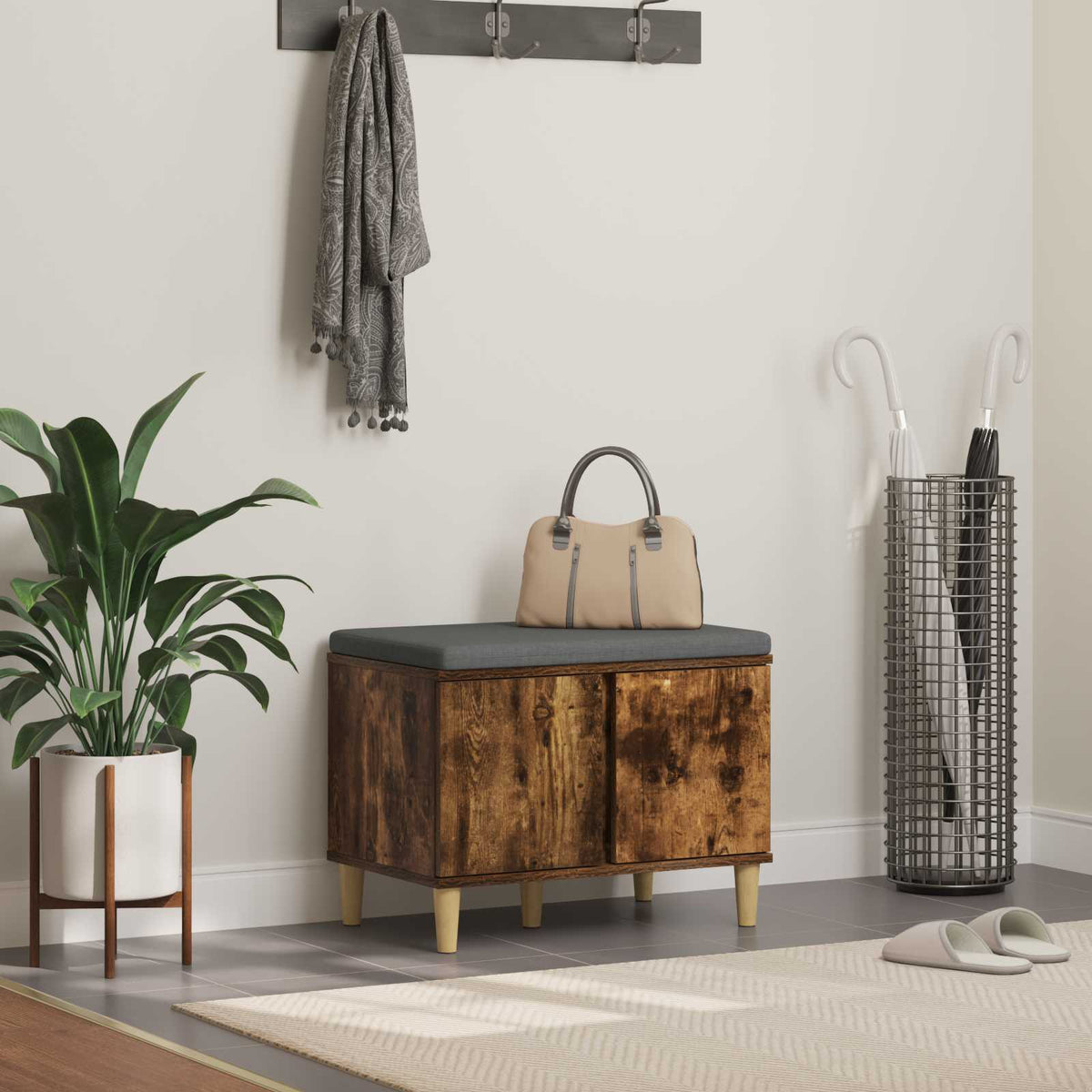 Hallbænk med pude Røget Eg 60 x 38 x 46 cm Kunstigt træ og stof