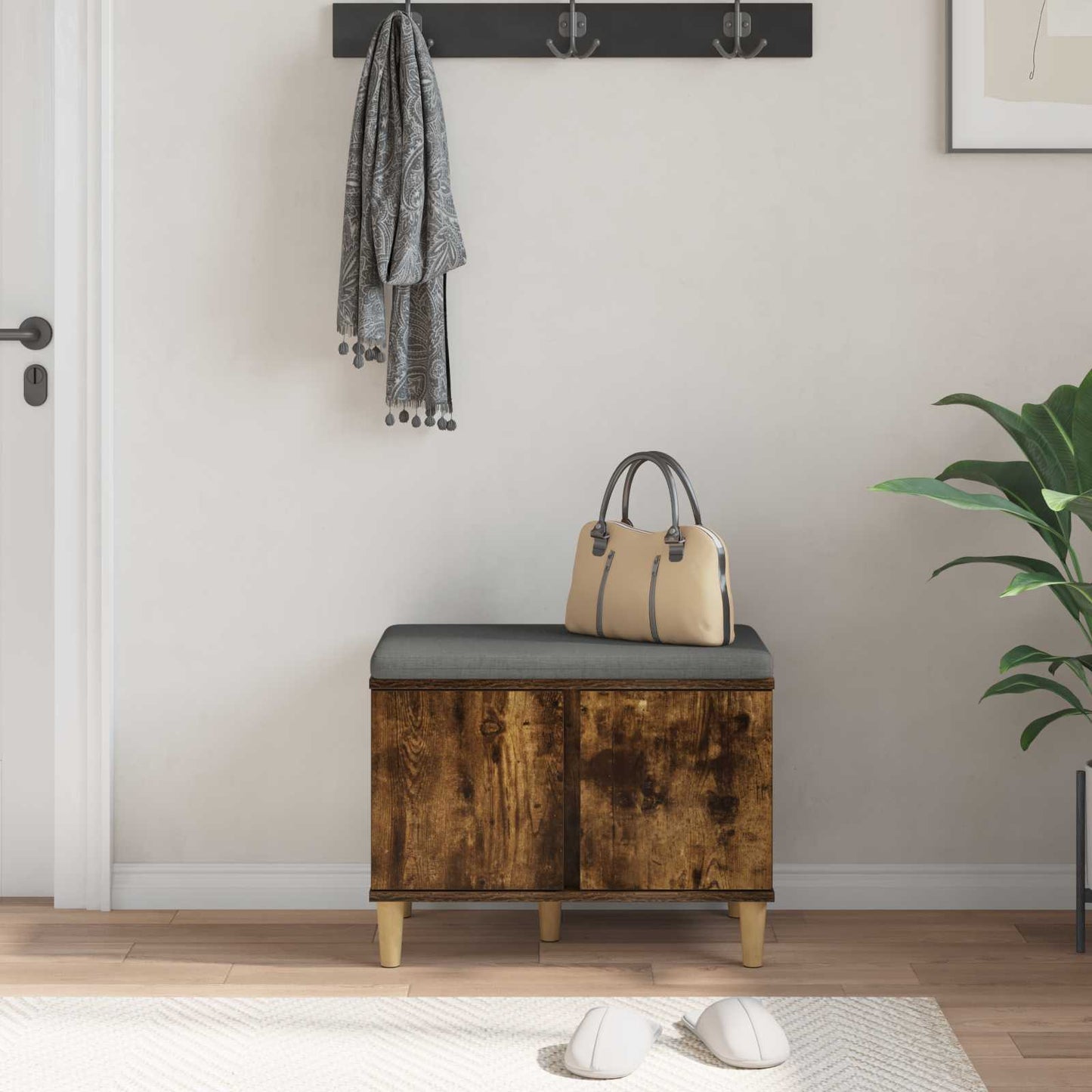 Hallbænk med pude Røget Eg 60 x 38 x 46 cm Kunstigt træ og stof