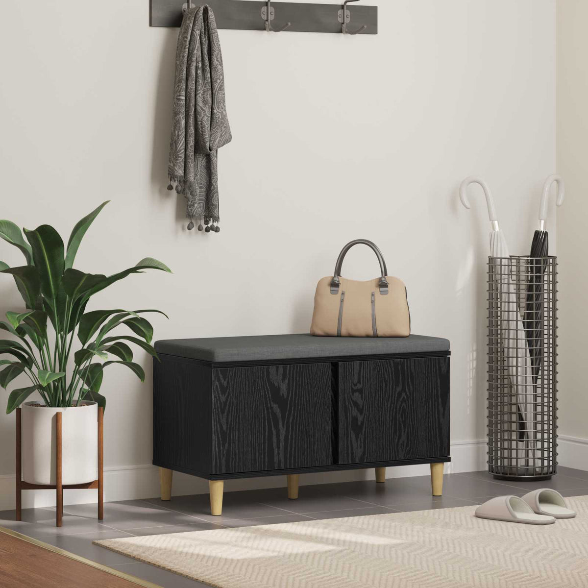 Hallbænk med pude Sort Eg 80 x 38 x 46 cm Kunstigt træ og stof