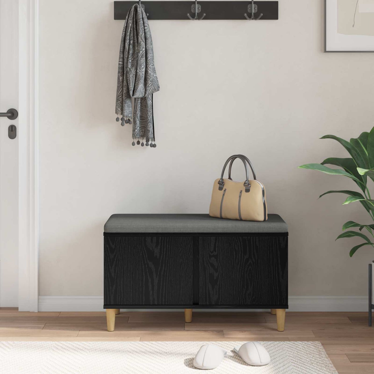 Hallbænk med pude Sort Eg 80 x 38 x 46 cm Kunstigt træ og stof